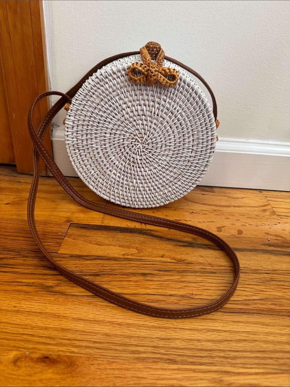 Vici White Woven Round Crossbody with Brown Strap